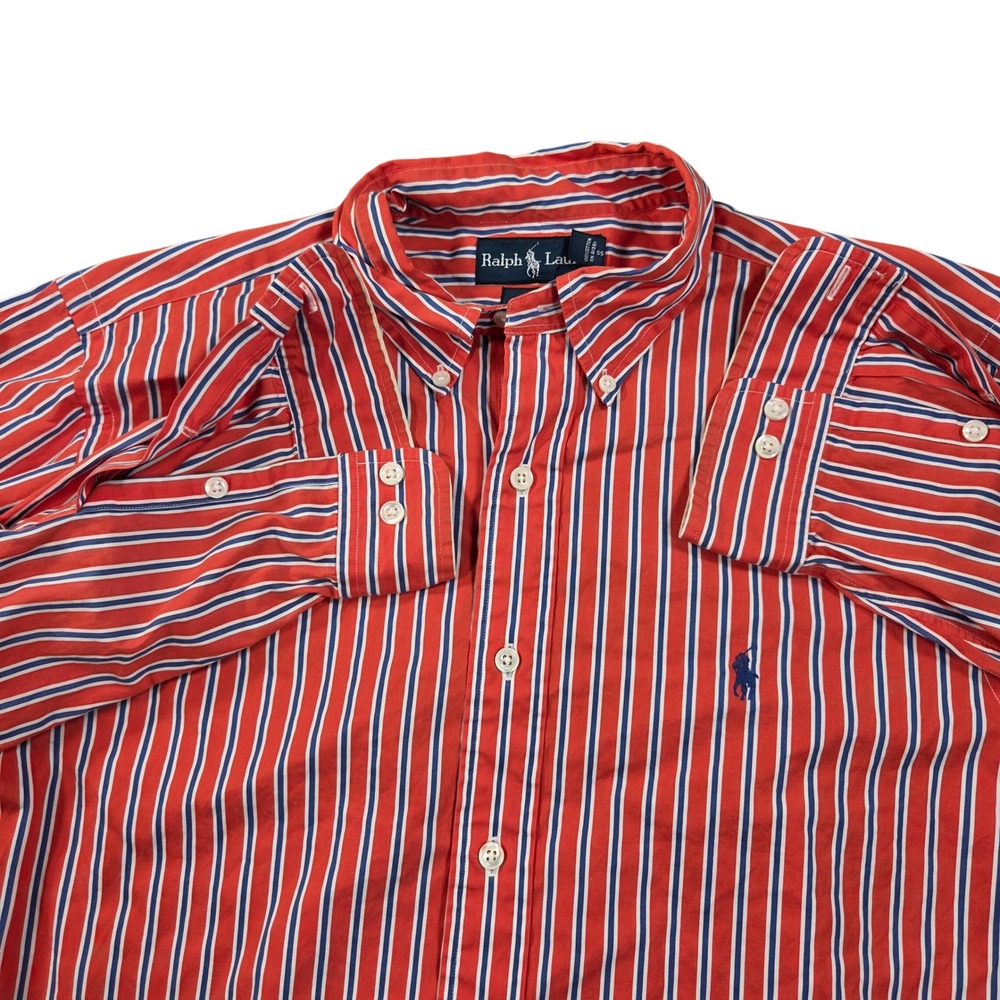 Ralph Lauren Shirt Mens 16.5 L Orange Blue Striped Classic Fit Button Down Shirt